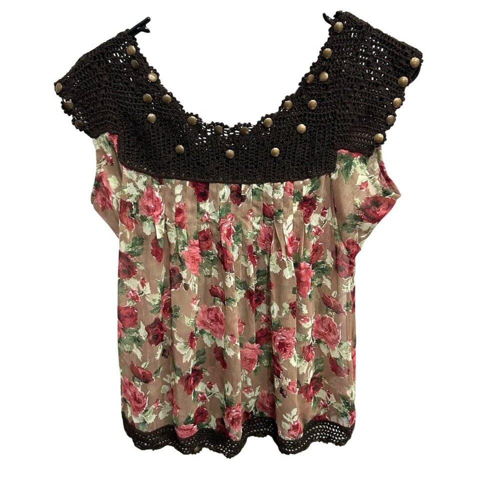 Hazelhaze Womens Floral Print Blouse Crochet Yoke Stud Details Sz Small